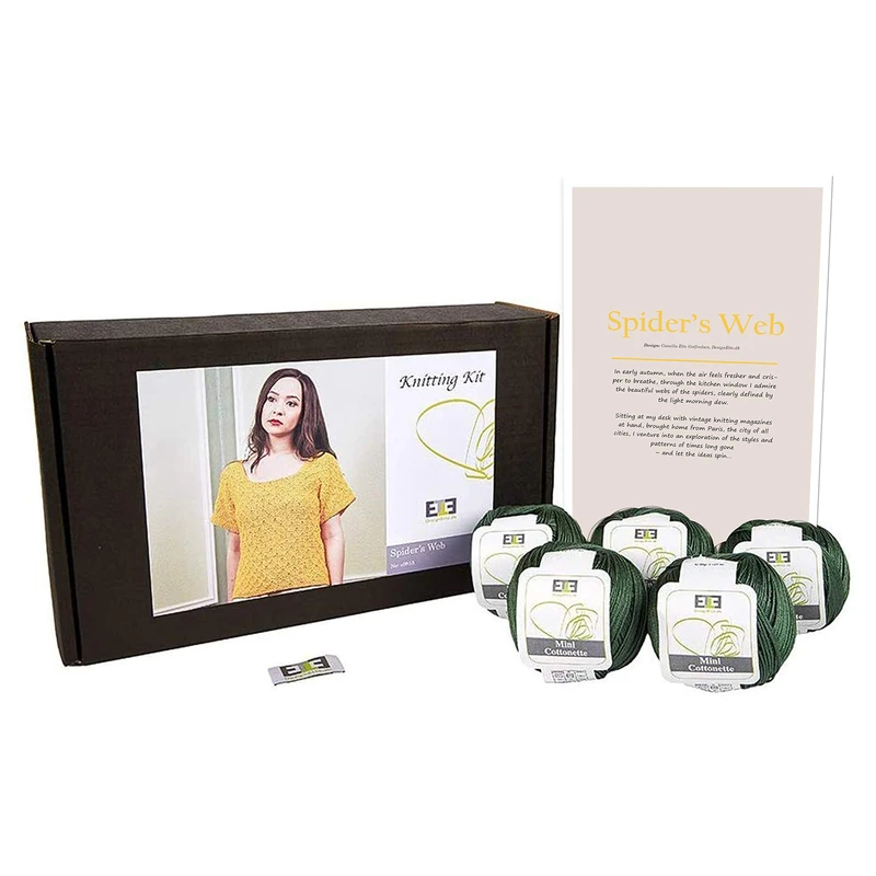 DesignEtte Spider’s Web Women’s Knitting Kit 100 Percent Egyptian Cotton Wool Yarn Bowls and Pattern Beginners Starter Pack Box 50g≈127m/5ply - Image 1