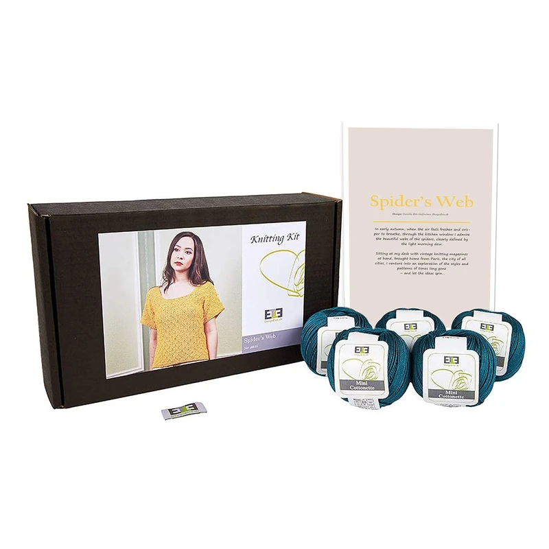 DesignEtte Spider’s Web Women’s Knitting Kit 100 Percent Egyptian Cotton Wool Yarn Bowls and Pattern Beginners Starter Pack Box 50g≈127m/5ply, Petrol Green, 2XL