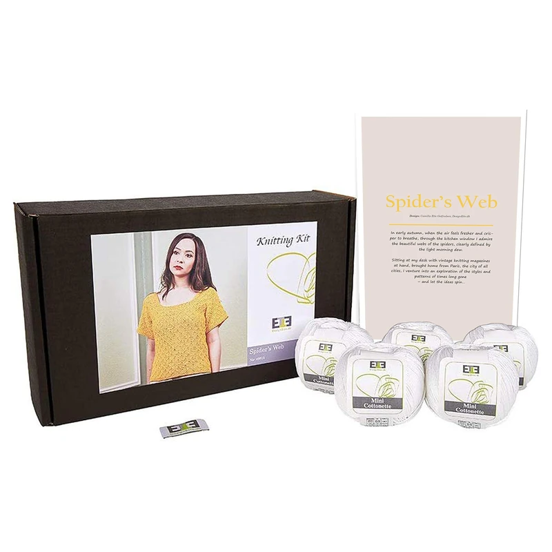 DesignEtte Spider’s Web Women’s Knitting Kit 100 Percent Egyptian Cotton Wool Yarn Bowls and Pattern Beginners Starter Pack Box 50g≈127m/5ply