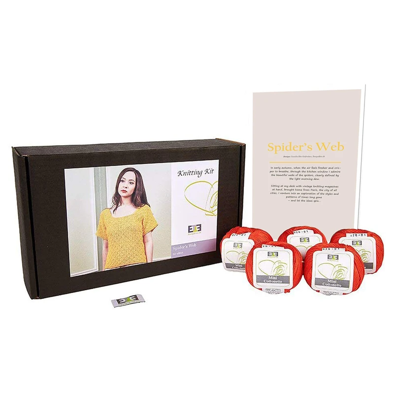 DesignEtte Spider’s Web Women’s Knitting Kit 100 Percent Egyptian Cotton Wool Yarn Bowls and Pattern Beginners Starter Pack Box 50g≈127m/5ply