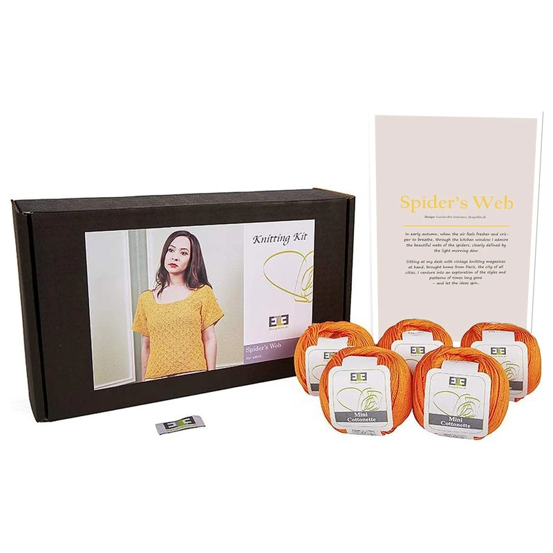 DesignEtte Spider’s Web Women’s Knitting Kit 100 Percent Egyptian Cotton Wool Yarn Bowls and Pattern Beginners Starter Pack Box 50g≈127m/5ply, Native Orange, 3XL