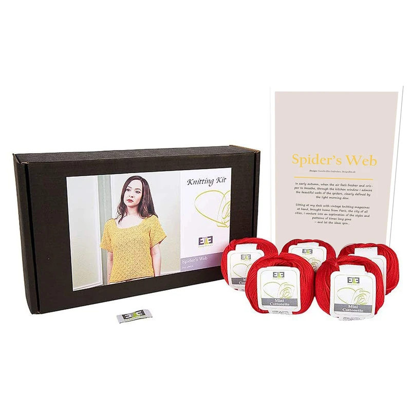 DesignEtte Spider’s Web Women’s Knitting Kit 100 Percent Egyptian Cotton Wool Yarn Bowls and Pattern Beginners Starter Pack Box 50g≈127m/5ply - Image 1