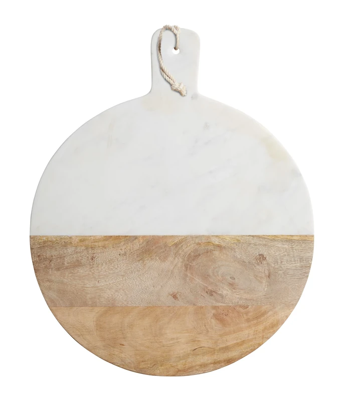 MasterClass Round Marble / Wooden Serving Paddle Board, 40.5 x 50 cm (16" x 19.5"), White/Brown, Wood