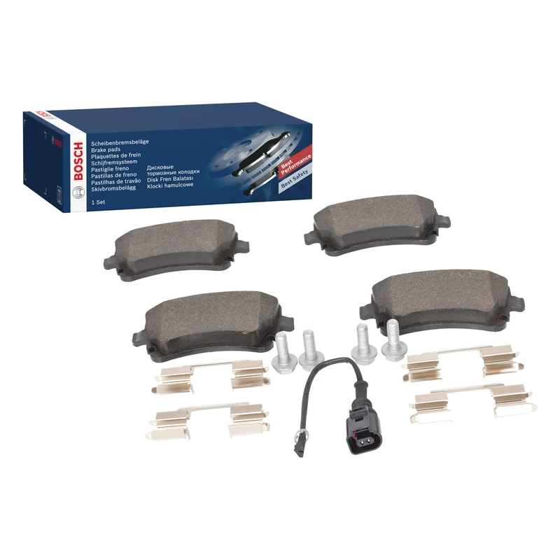 Bosch BP1018 - Brake Pads Car Rear Axle - Bosch Quality - Reduced Noise and Dust - ECE-R90 Certified - Copper-Free - 1 Set of 4 Pads - With Accessories