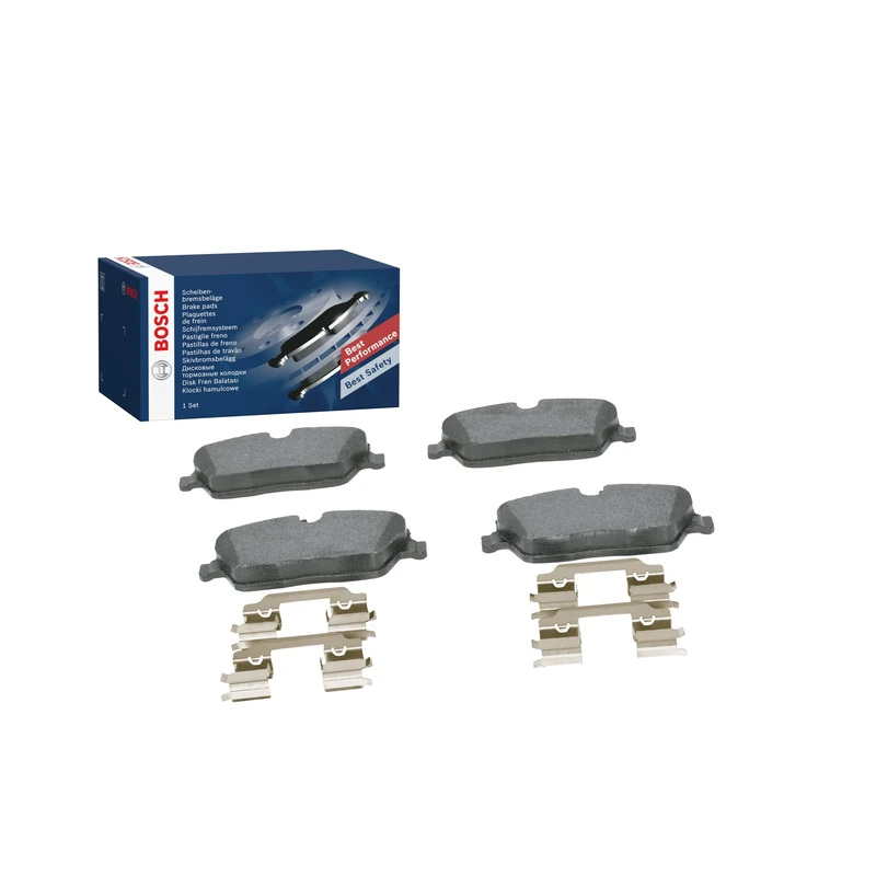Bosch BP1030 - Brake Pads Car Front Axle - Bosch Quality - Reduced Noise and Dust - ECE-R90 Certified - Copper-Free - 1 Set of 4 Pads - With Accessories