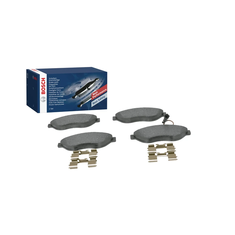 Bosch BP1021 - Brake Pads Car Front Axle - Bosch Quality - Reduced Noise and Dust - ECE-R90 Certified - Copper-Free - 1 Set of 4 Pads - With Accessories