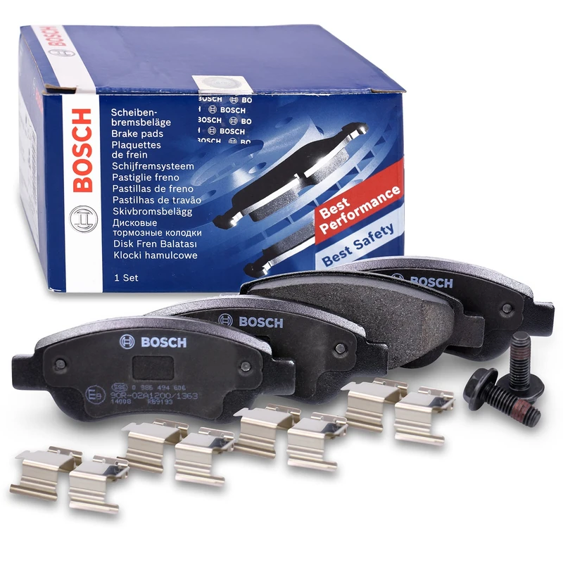 Bosch BP975 - Brake Pads Car Front Axle - Bosch Quality - Reduced Noise and Dust - ECE-R90 Certified - Copper-Free - 1 Set of 4 Pads - With Accessories