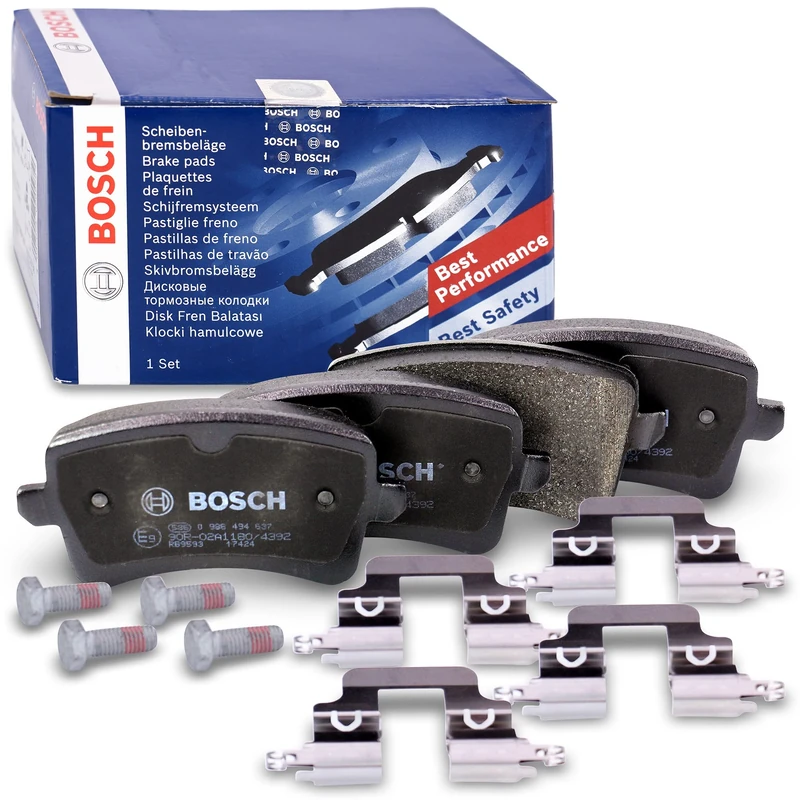 Bosch BP1126 - Brake Pads Car Rear Axle - Bosch Quality - Reduced Noise and Dust - ECE-R90 Certified - Copper-Free - 1 Set of 4 Pads - With Accessories