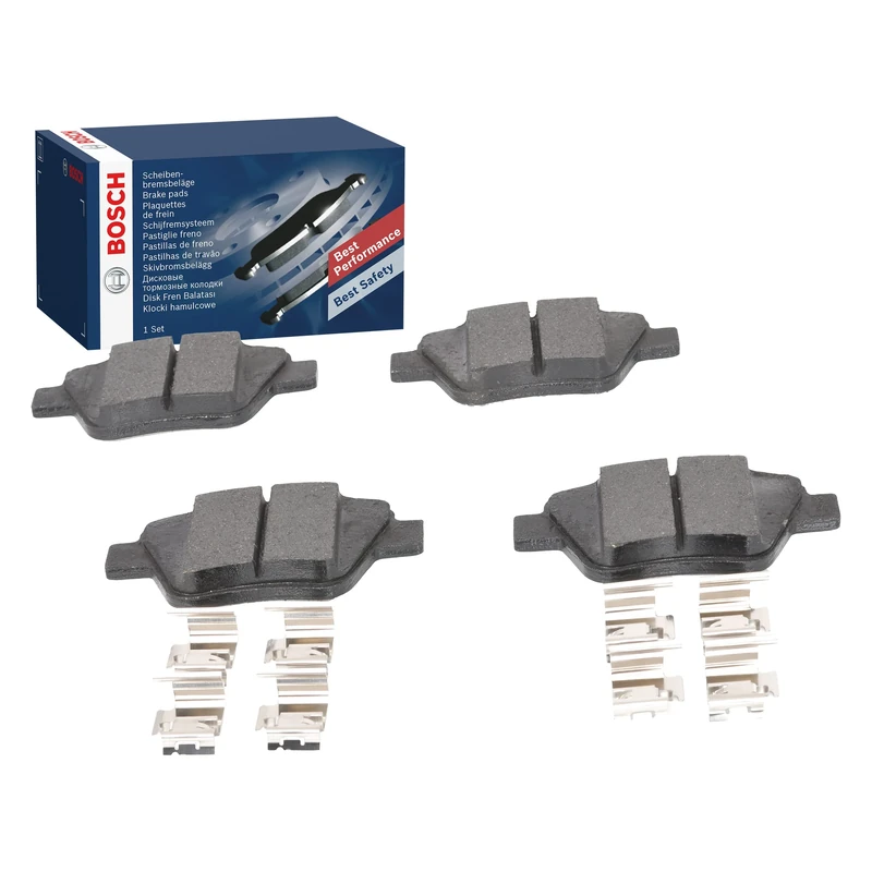Bosch BP1338 - Brake Pads Car Rear Axle - Bosch Quality - Reduced Noise and Dust - ECE-R90 Certified - Copper-Free - 1 Set of 4 Pads - With Accessories