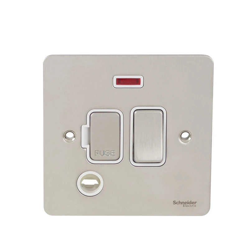 Schneider Electric Ultimate Flat Plate - Switched Fused Connection Unit, with Flex Outlet and Neon Indicator, GU5214WSS, Stainless Steel with White Insert