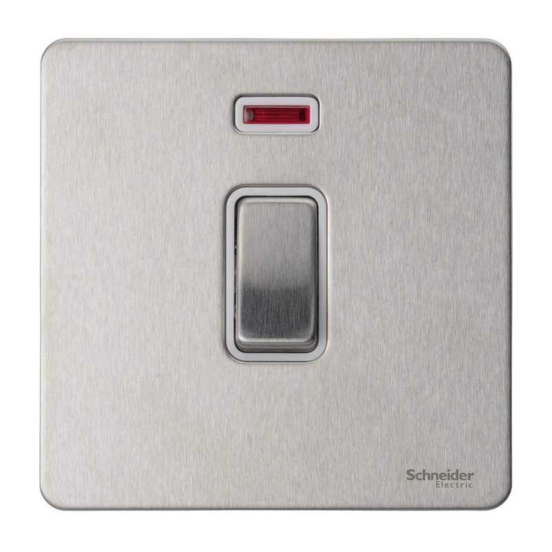 Schneider Electric Ultimate Screwless Flat Plate - Single Light Switch with Neon Indicator, Double Pole, 32A, GU4431WSS, Stainless Steel with White Insert