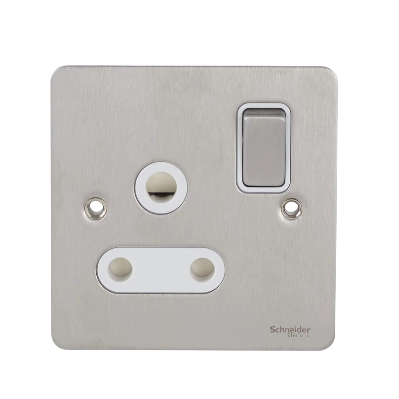 Schneider Electric Ultimate Flat Plate - Switched Single Power Socket, Round Pin, 15A, GU3290WSS, Stainless Steel with White Insert