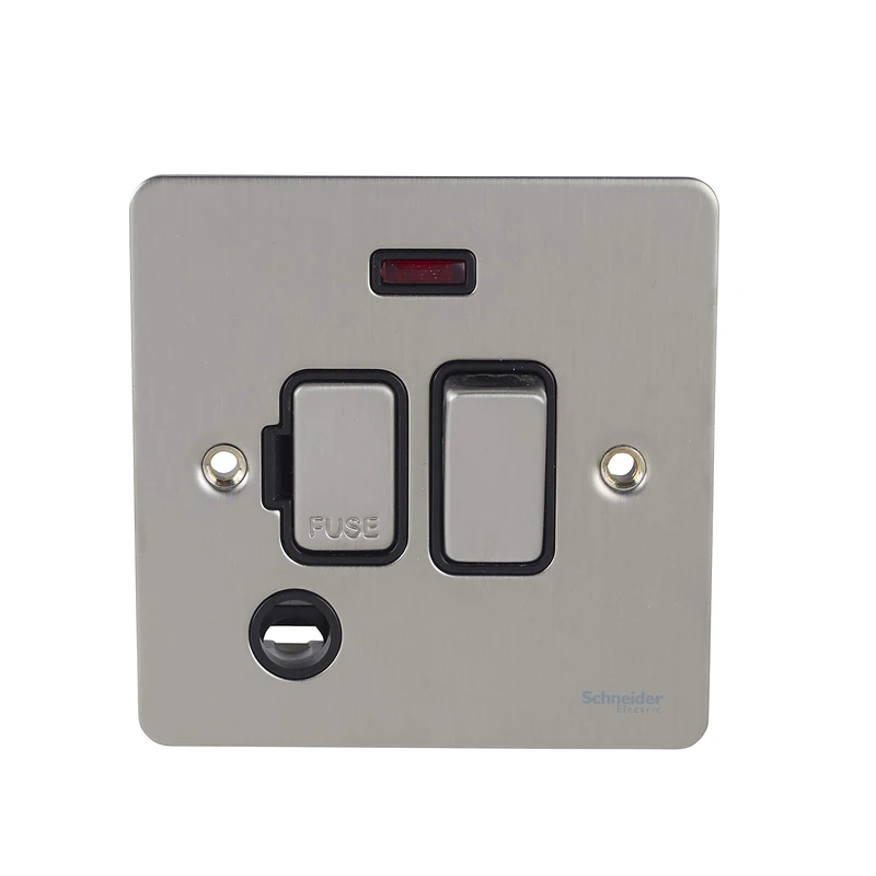 Schneider Electric Ultimate Flat Plate - Switched Fused Connection Unit, with Flex Outlet and Neon Indicator, GU5214BSS, Stainless Steel with Black Insert