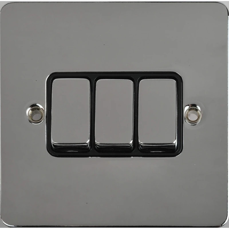 Schneider Electric Ultimate Flat Plate - 3 Gang Rocker 2 Way Light Switch, Single Pole, 16AX, GU1232BPC, Polished Chrome with Black Insert