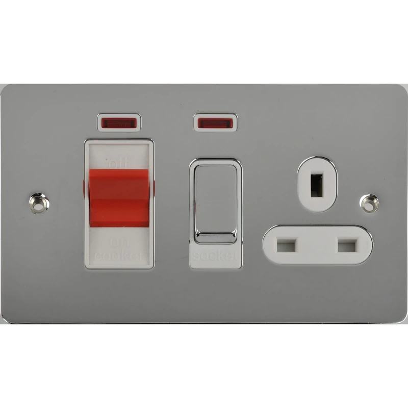Schneider Electric Ultimate Flat Plate - Switched Cooker Control Unit with Single Power Socket, Neon Indicator, 45A, GU4201WPC, Polished Chrome with White Insert