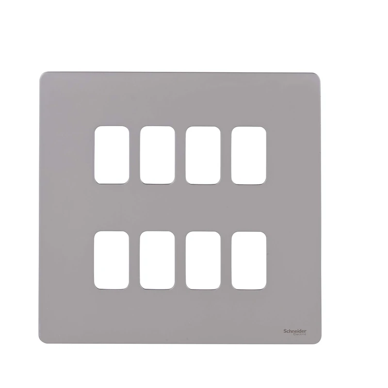 Schneider Electric Ultimate Screwless Flat Plate - 8 Gang Grid Faceplate, with Mounting Frame, GUGS08GMS, Polished Chrome