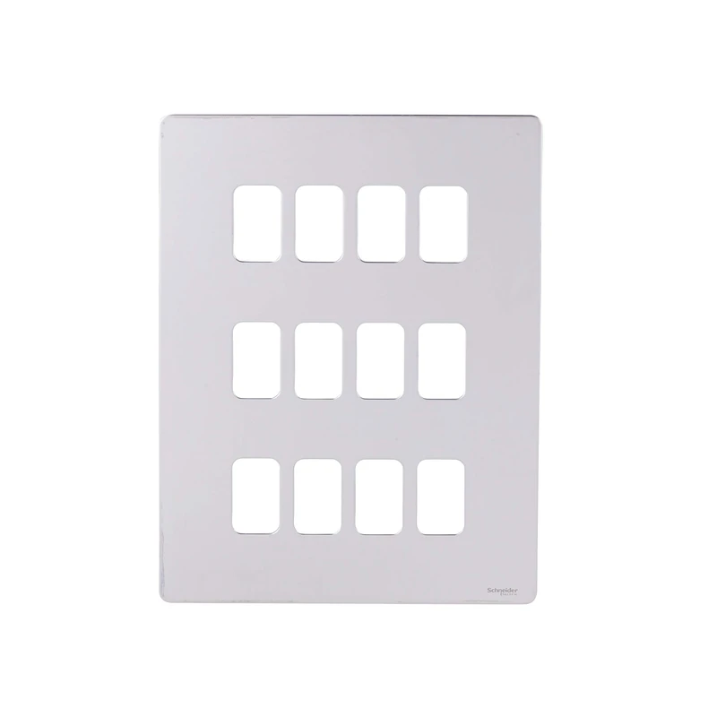 Schneider Electric Ultimate Screwless Flat Plate - 12 Gang Grid Faceplate, with Mounting Frame, GUGS12GMS, Polished Chrome