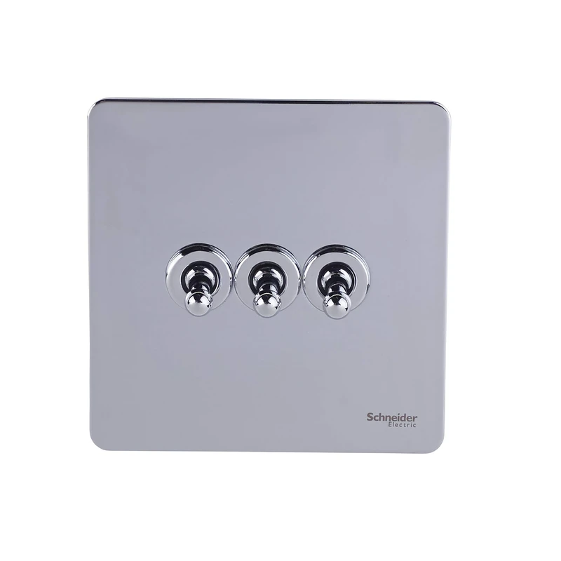Schneider Electric Ultimate Screwless Flat Plate - 3 Gang Toggle 2 Way Light Switch, 10AX, GU1432TPC, Polished Chrome