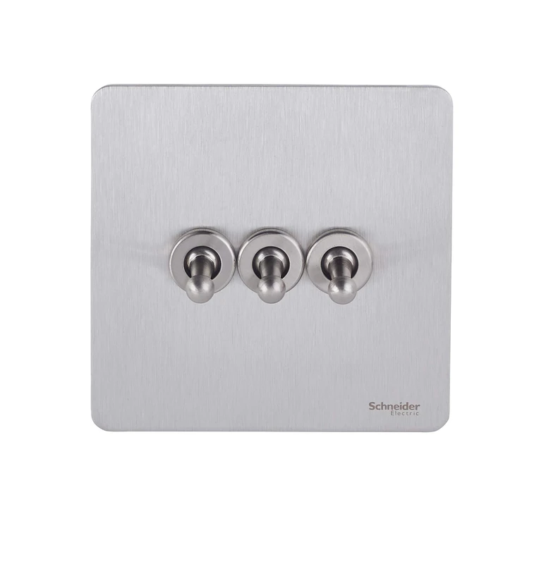 Schneider Electric Ultimate Screwless Flat Plate - 3 Gang Toggle 2 Way Light Switch, Single Pole, 16AX, GU1432TSS, Stainless Steel