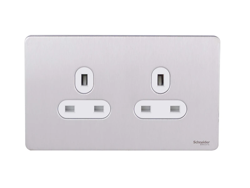 Schneider Electric Ultimate Screwless Flat Plate - Double Unswitched Power Socket, 13A, GU3460WSS, Stainless Steel with White Insert