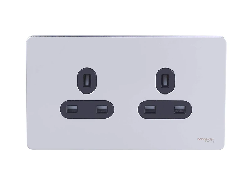 Schneider Electric Ultimate Screwless Flat Plate - Double Unswitched Power Socket, 13A, GU3460BPC, Polished Chrome with Black Insert