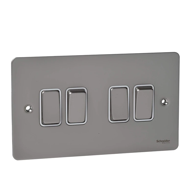 Schneider Electric Ultimate Flat Plate - 4 Gang 2 Way Light Switch, 10AX, GU1242WPN, Pearl Nickel with White Insert