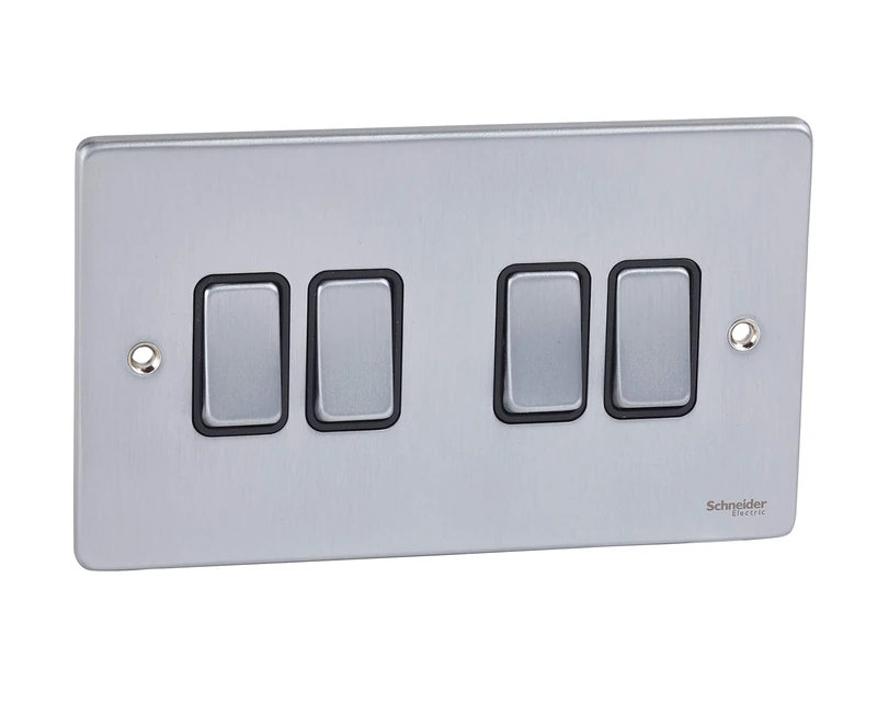 Schneider Electric GU1542BBC Ultimate Low Profile Brushed Chrome Black Insert 4 Gang 2 Way 16AX Plate Switch
