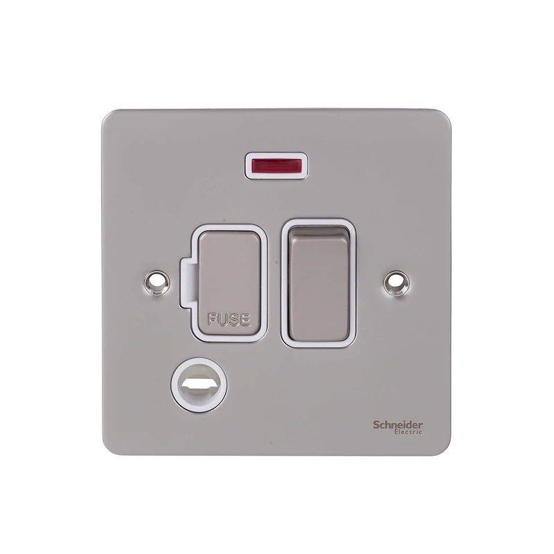 Schneider Electric Ultimate Flat Plate - Switched Fused Connection Unit, with Neon Indicator and Flex Outlet, GU5214WPN, Pearl Nickel with White Insert