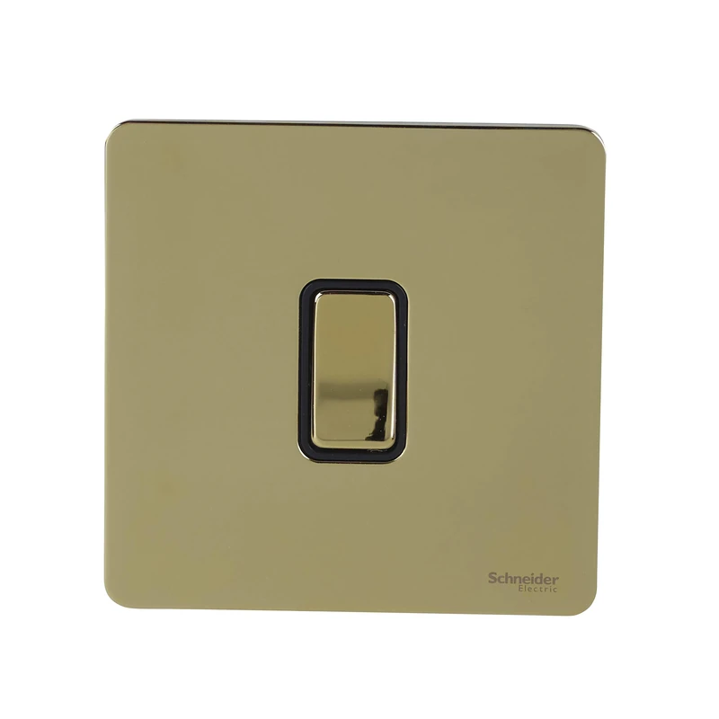 Schneider Electric Ultimate Screwless Flat Plate - Single Retractive 2 Way Light Switch, 16AX, GU1412RBPB, Polished Brass with Black Insert