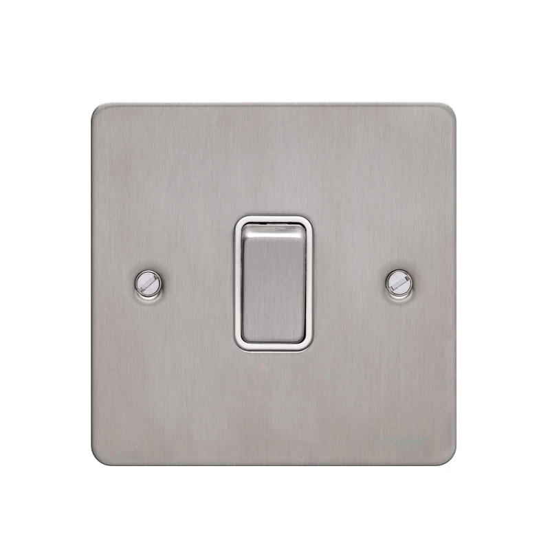 Schneider Electric Ultimate Flat Plate - Single 2 Way Light Switch, Intermediate, 16AX, GU1214WSS, Stainless Steel with White Insert