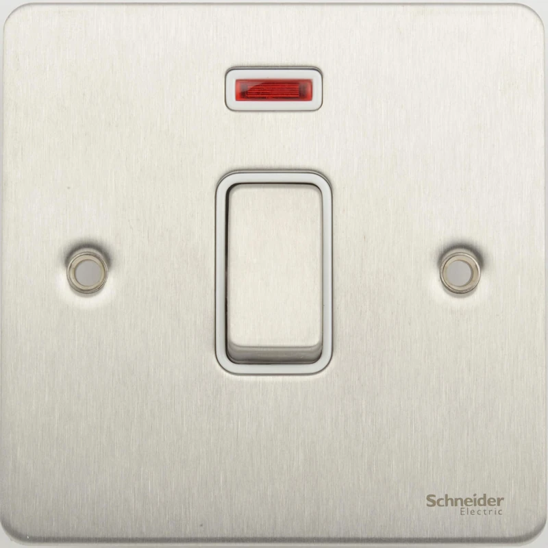 Schneider Electric Ultimate Flat Plate - Single Light Switch, with Neon Indicator, Double Pole, 20AX, GU2211WSS, Stainless Steel with White Insert