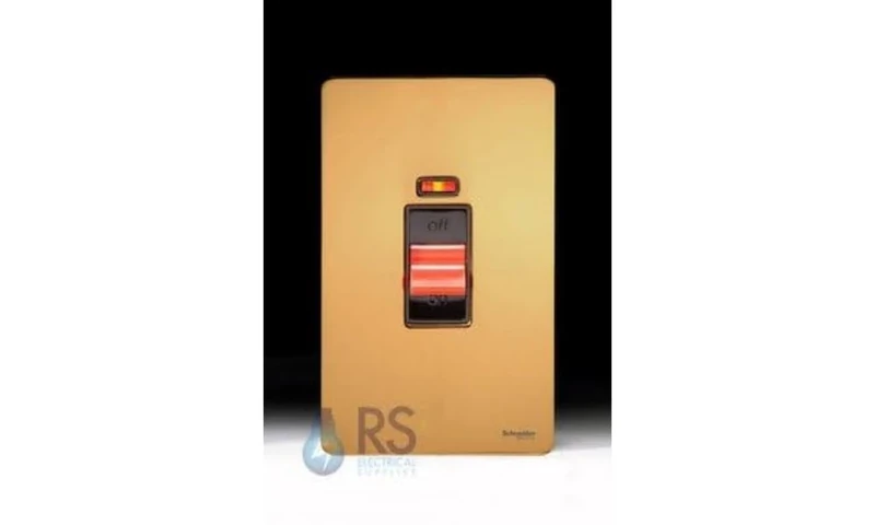 Schneider Electric Ultimate Screwless Flat Plate - Double Light Switch with Neon Indicator, Double Pole, 50A, GU4421BPB, Polished Brass with Black Insert