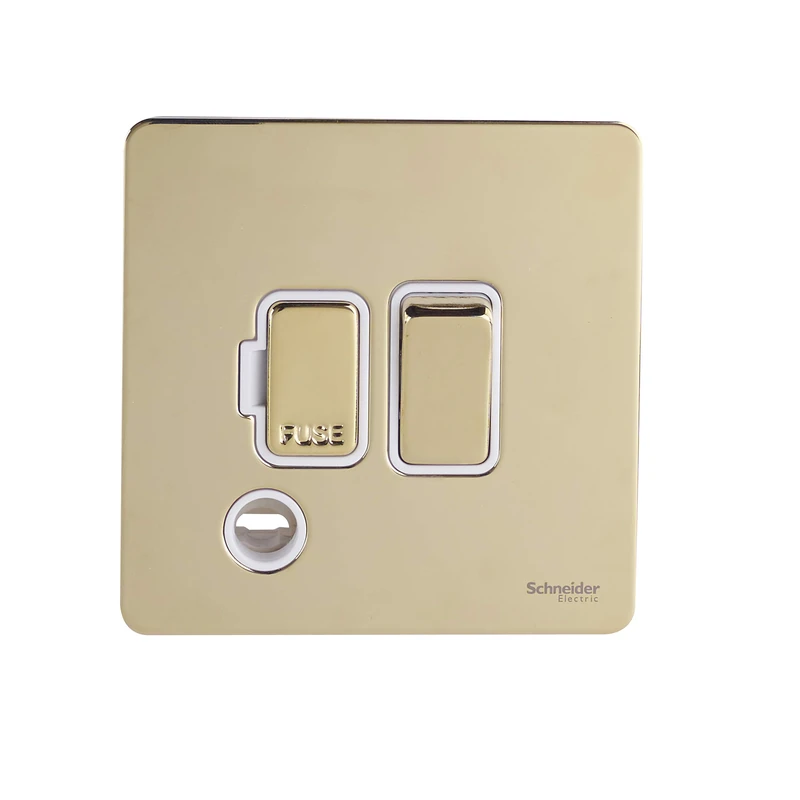 Schneider Electric Ultimate Screwless Flat Plate - Switched Fused Connection Unit, 13A, GU5410WPB, Polished Brass with White Insert