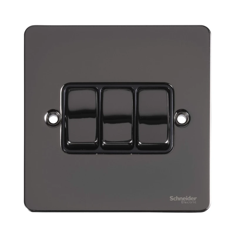 Schneider Electric Ultimate Flat Plate - 3 Gang Rocker 2 Way Light Switch, Single Pole, 16AX, GU1232BBN, Black Nickel with Black Insert