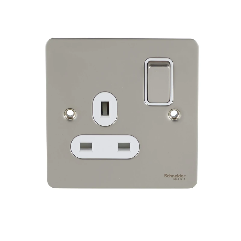 Schneider Electric Ultimate Flat Plate - Switched Single Power Socket, Double Pole, 13A, GU3210DWPN, Pearl Nickel with White Insert