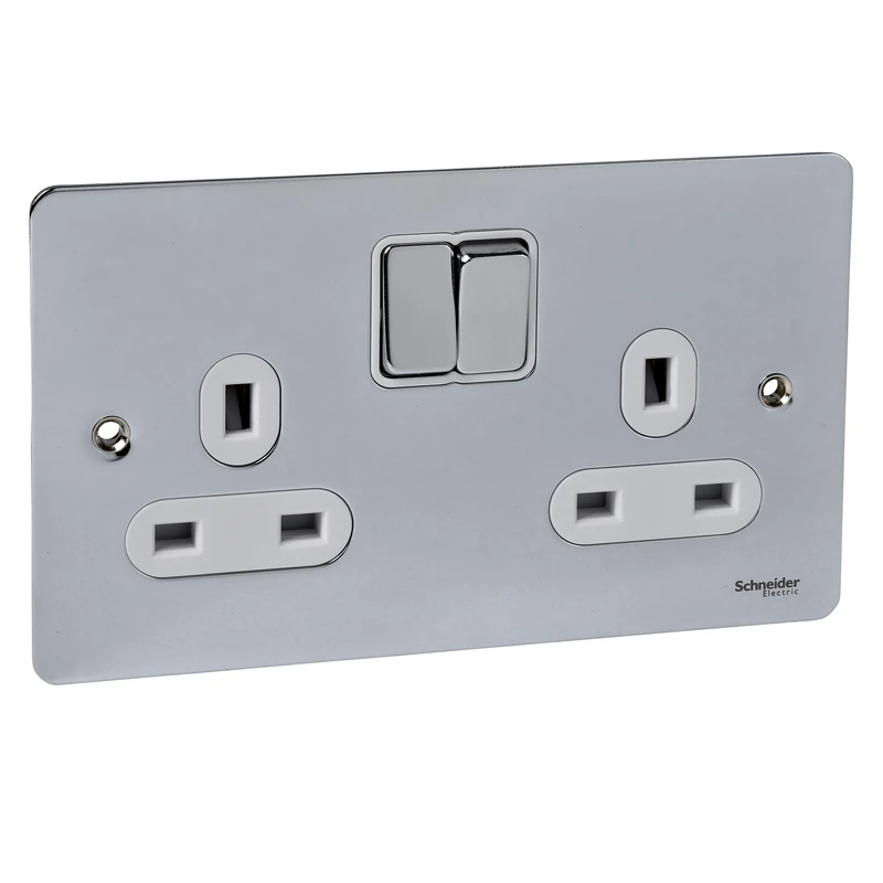 Schneider Electric Ultimate Flat Plate - Switched Double Power Socket, Double Pole, 13A, GU3220DWPC, Polished Chrome with White Insert, 2 Gangs