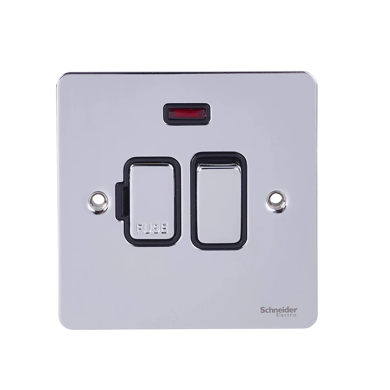 Schneider Electric Ultimate Flat Plate - Switched Fused Connection Unit, with Neon Indicator, 13A, GU5211BPC, Polished Chrome with Black Insert