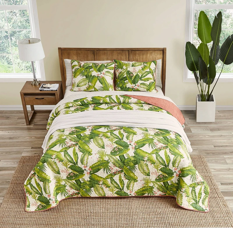 Tommy Bahama Reversible Cotton Bedding with Matching Shams, Coastal Home Decor for All Seasons, Ecru, Queen