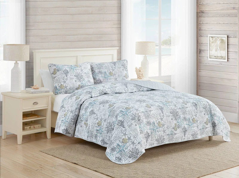 Tommy Bahama - Queen Quilt Set, Reversible Cotton Bedding with Matching Shams, Beach Home Decor for All Seasons (Beach Bliss Grey, Queen)