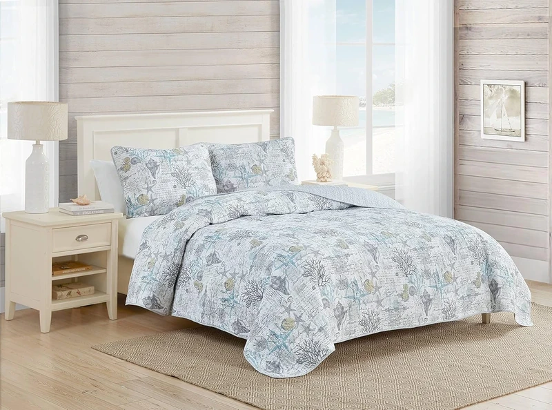 Tommy Bahama Quilt Set-100, Reversible, Lightweight & Breathable Bedding with Matching Shams, Pre-Washed for Added Softness, Cotton, Beach Bliss Grey, King