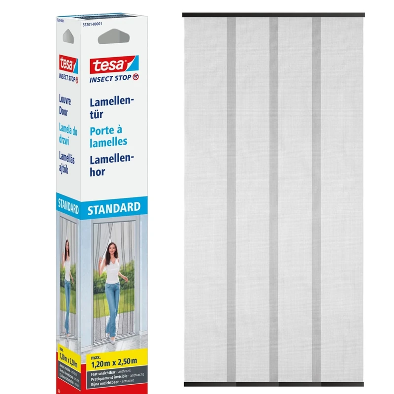 tesa Insect Stop Lamella Door Standard - 4-Piece Fly Screen for Doors with Hook and Loop Tape - No Drill Fly Curtain - in Anthracite, 120 cm x 250 cm
