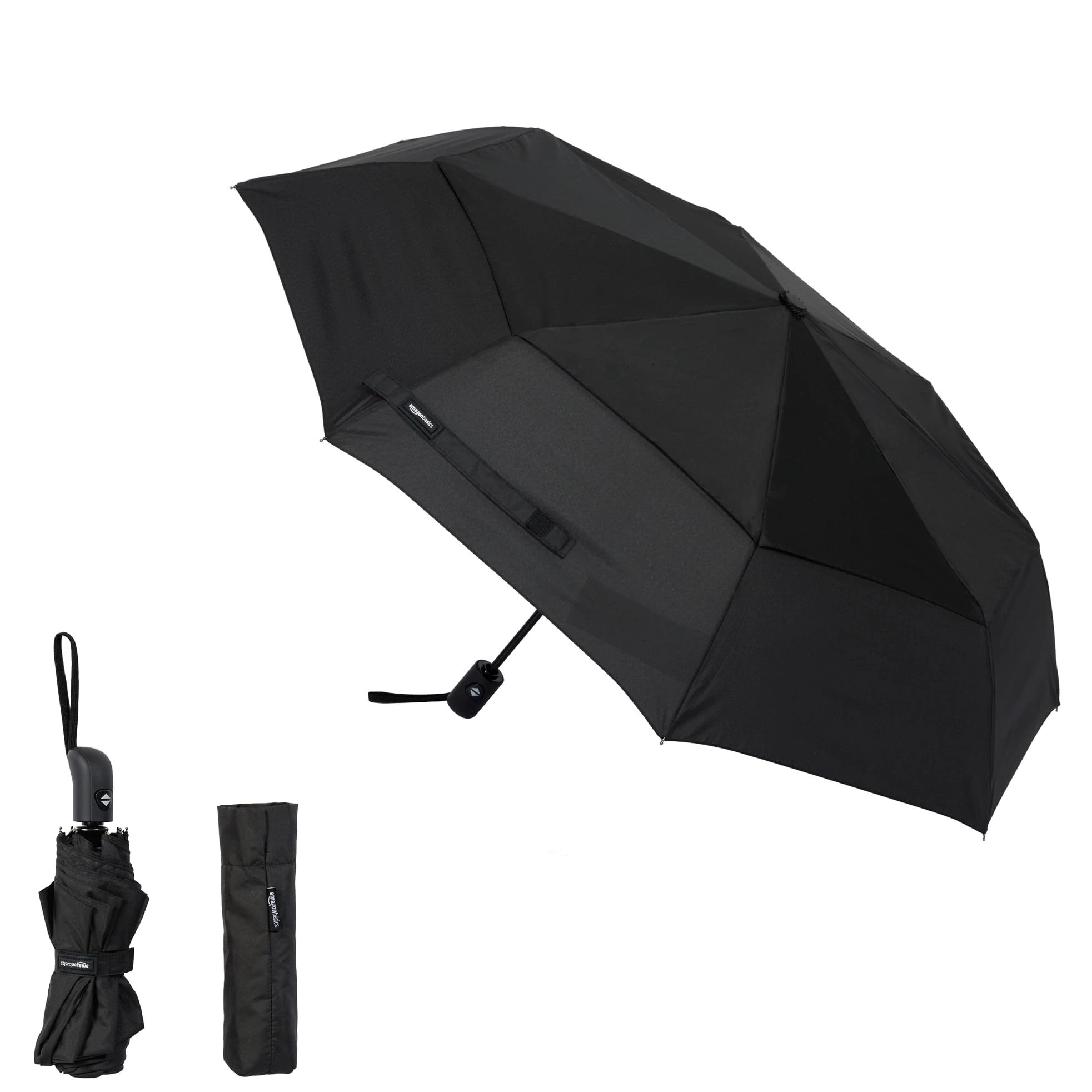 Amazon Basics Round Automatic Travel Compact Umbrella Windproof Strong, with Wind Vent, Black, One Size