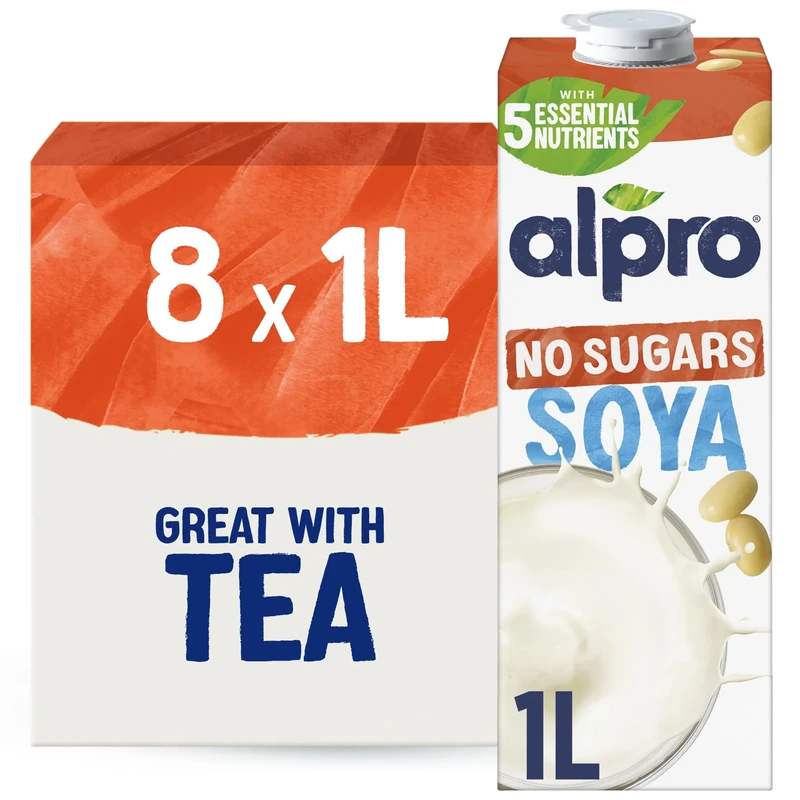 Alpro Soya Drink - No Sugars - Unsweetened Plant-Based Long Life Dairy Free & Lactose Free Milk Alternative - 1L (Pack of 8)
