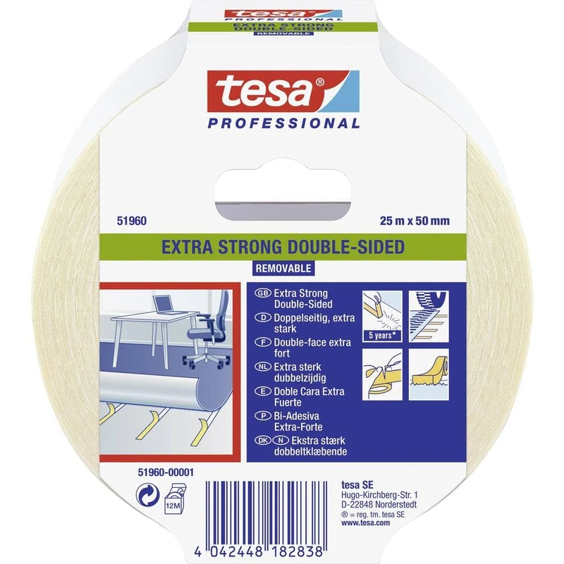 TESA 51960-00001-11 – Extra Strong Double Sided Floor Fixing Tape – Removable Series 5200-25 m x 50 mm
