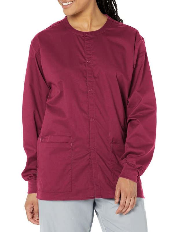 WonderWink 800AWINEMD Wonder Work Unisex Snap Front Jacket, Wine, Standard-M Size - Image 1
