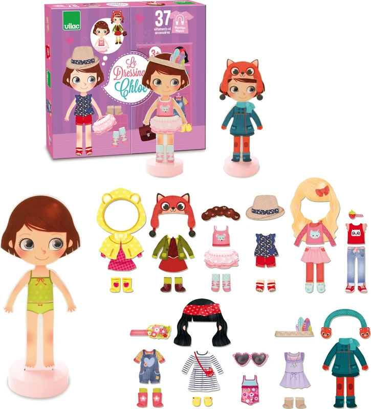 Vilac Chloe's Dressing Wooden Magnetic Doll Set - 42-Piece