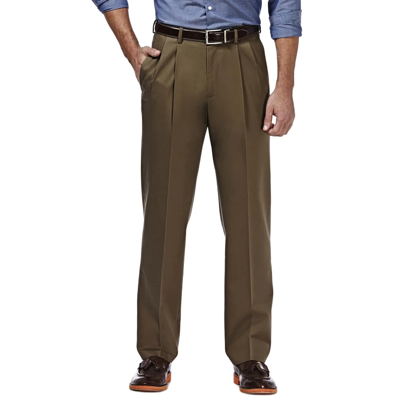 Haggar Men's Premium No Iron Khaki Classic Fit Pleat Front Regular and Big & Tall Sizes, Toast, 36W x 32L
