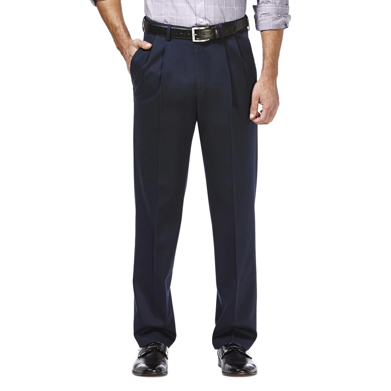 Haggar Men's Premium No Iron Khaki Classic Fit Pleat Front Regular and Big & Tall Sizes, Dark Navy, 34W x 29L