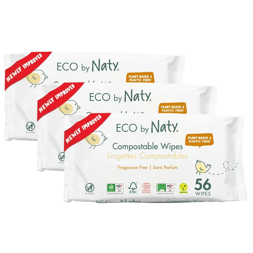 Naty Compostable Baby Wipes – Unscented, 100% Plant-Based, Plastic-Free, Fragrance-Free, Hypoallergenic for sensitive skin and Dermatologically Tested (Regular - 168 Count - 3 Packs of 56)