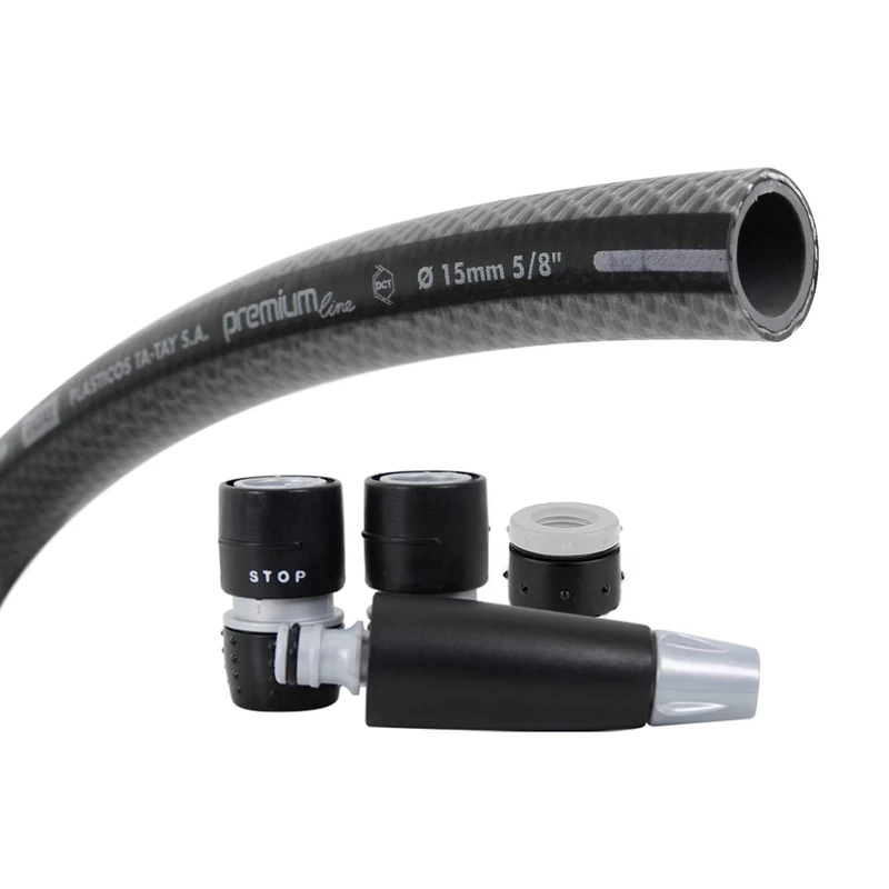 TATAY set Premium hose, in rolls of 25m, made of PVC with double mesh and great resistance to pressure. NTS plus system, anti-twist, with complete watering set, soft touch and anti-UV properties